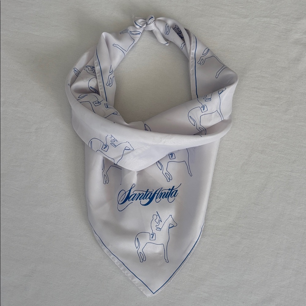Santa Anita Race Track White and Blue Scarf with Horse and Jockey Print number 7